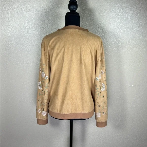 Embroidered Suede Look Jacket Tan Floral Western Boho Moto Style Large - Picture 4 of 6